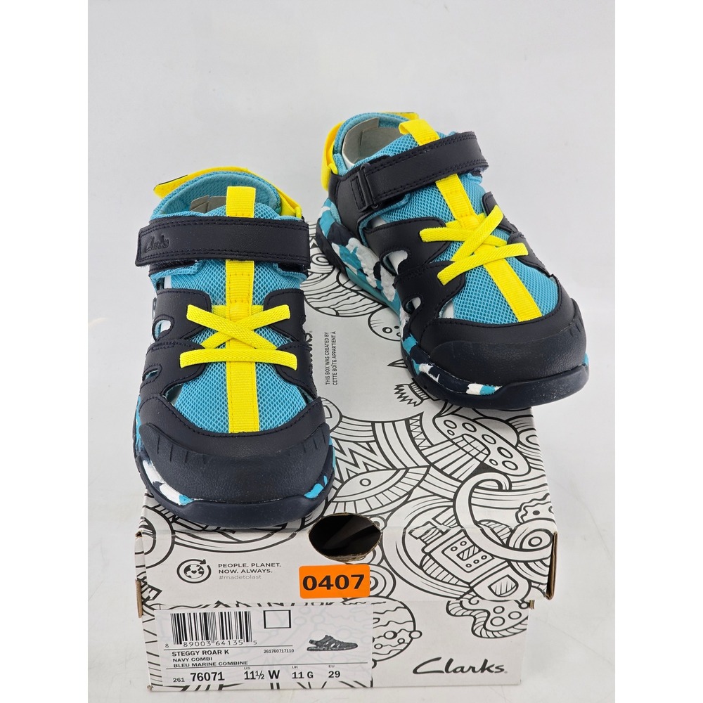 Clarks Steggy Roar K Sandals Kids 11.5 W Navy Combi Blue Yellow -Excellent